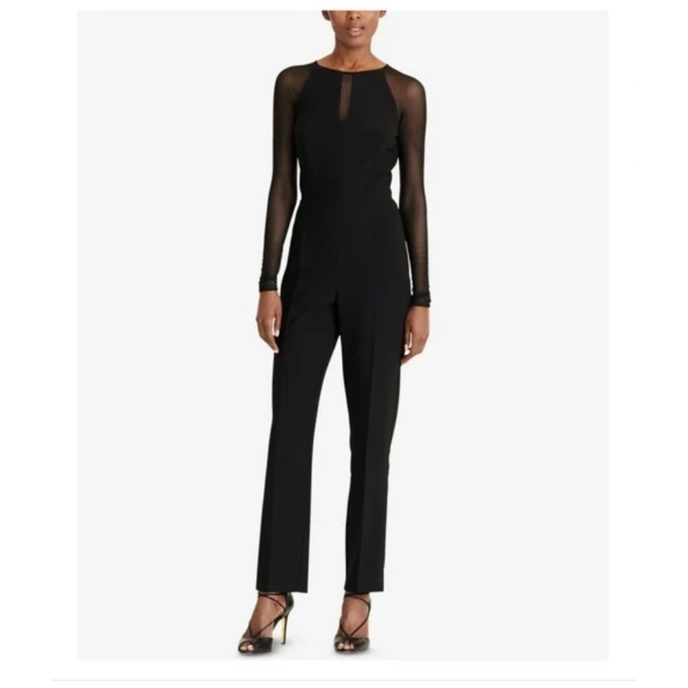 Lauren Ralph Lauren Black Sheer Mesh Sleeve Jumpsuit Size 6 Evening Cocktail